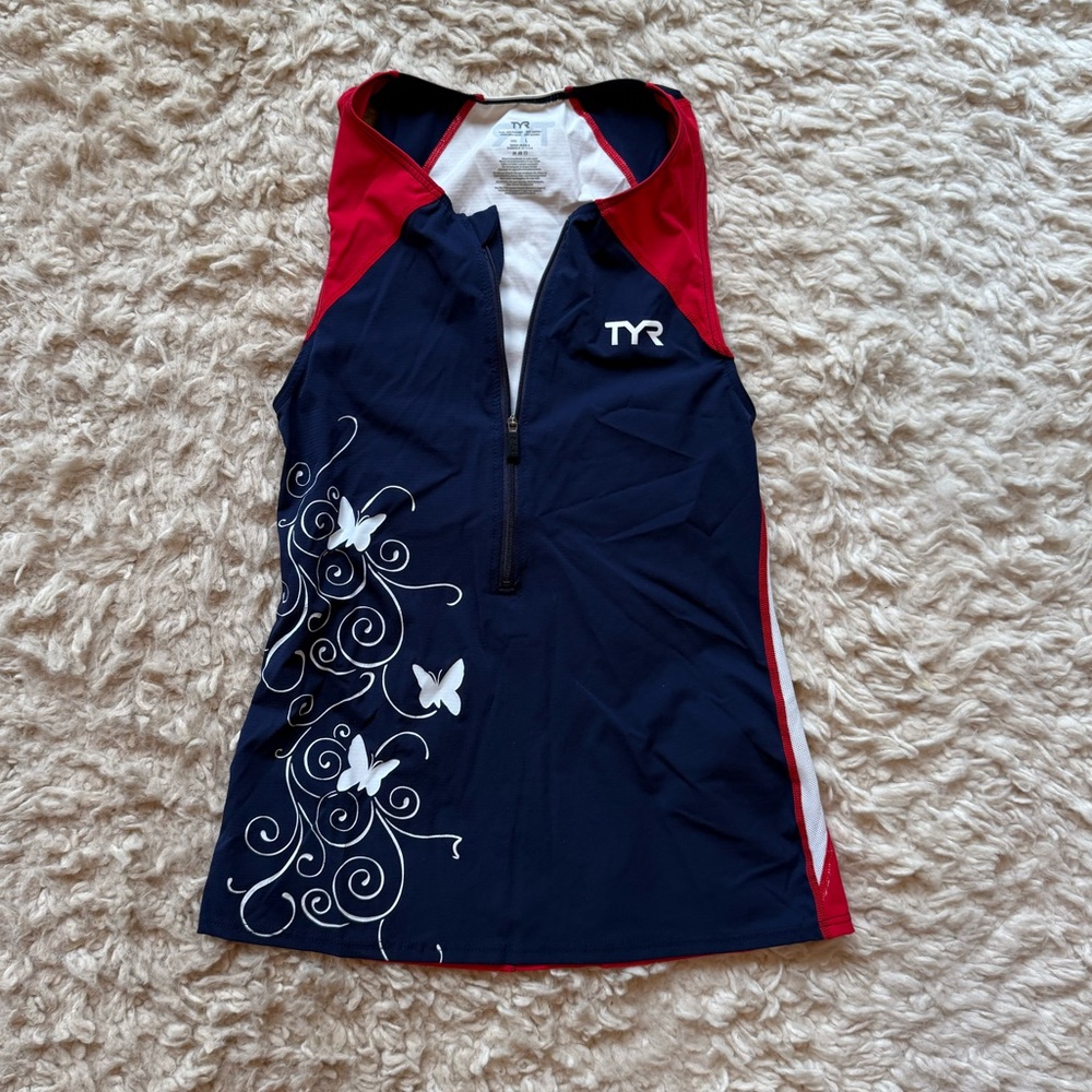 TYR Navy and Red Women's Sleeveless Swim Top with White Butterfly Detail
